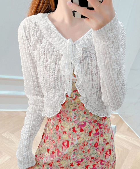 レースボレロカーディガン シアートップス レディース 花柄フリルカーディガン フェミニン 日焼け防止 冷房対策 フロントリボンサマーカーディガン ショート丈春夏服 84WANJIA-017